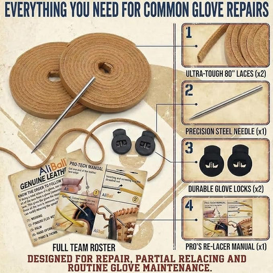AliBall Baseball Glove Lace Kit - 2x80 Leather Laces w/Needle & Locks | Relacing Repair Kit for Baseball/Softball + Guide