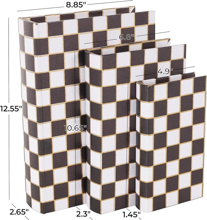 Deco 79 Faux Leather Decorative Box Faux Book Storage Book Shaped Boxes with Black and Gold Square Patterns, Set of 3 Decorative Keepsake Boxes 13", 11", 9"H, White