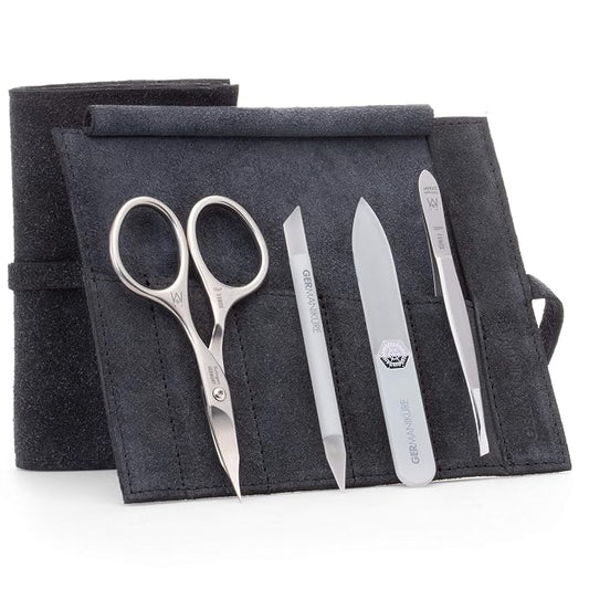 GERMANIKURE 4pc Mini Professional Manicure Set in Black Suede Case - FINOX Stainless Steel Tools Made in Solingen Germany, Glass Nail Care Supplies Made in Czech Republic
