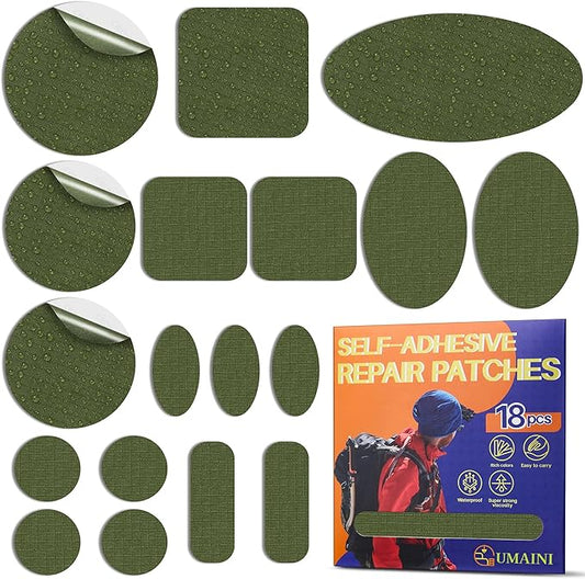 Down Jacket Repair Patch Kit, Outdoor Gear Tenacious Repair Tape, Self Adhesive Fabric Patches for Clothes, Waterproof Ripstop Nylon Fabric Patch for Puffer Jacket, Coat, Tent (18 Pcs, Army Green)