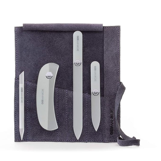 GERMANIKURE Gray Crystal Glass Nail File Set in Purple Suede Case – Handmade in Czech Republic – Professional Manicure & Pedicure Supplies – Glass Cuticle Stick, Pusher, Moon File