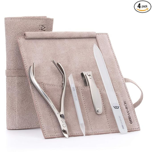 GERMANIKURE 4pc Manicure Set in Beige Suede Case - FINOX Stainless Steel Tools Made in Germany, Glass Nail Care Supplies Made in Czech Republic – Professional Cuticle and Nail Care Kit