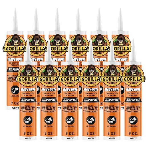 Gorilla Heavy Duty Construction Adhesive, White Glue, 9 Ounce Cartridge (Pack of 12) - Gap Filling and Waterproof