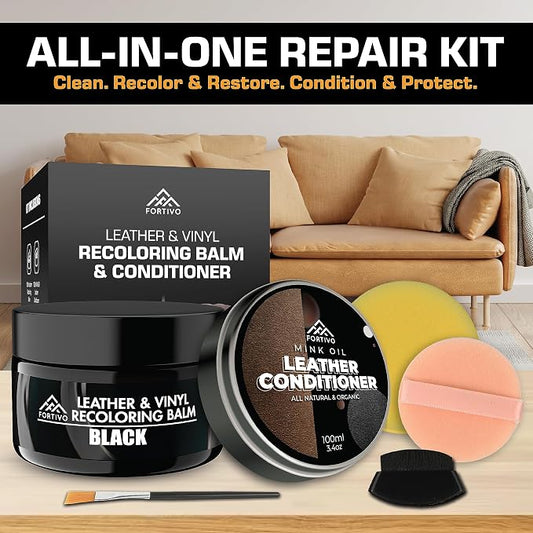FORTIVO Leather Recoloring Balm with Mink Oil, Couch Repair Kit, Leather Dye and Restorer for Furniture - Black
