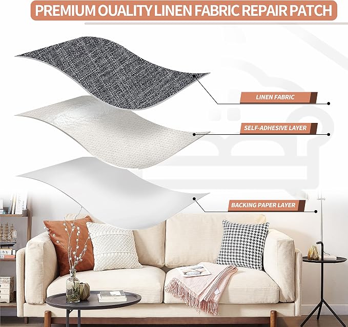 KING MOUNTAIN Fine Linen Fabric Patches, Self-Adhesive, 12x40 inch, Multi Color, for Linen Sofa (Dark Grey 3.0)