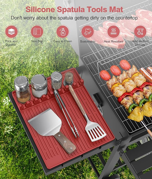 Silicone Grill Mat Compatible with Blackstone, BBQ Griddle Tools Mat with Drip Pad, Large Spatula Holder for Outdoor Kitchen Counter, Gifts for Men (red)