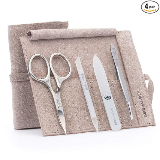 GERMANIKURE 4pc Mini Professional Manicure Set in Beige Suede Case - FINOX Stainless Steel Tools Made in Solingen Germany, Glass Nail Care Supplies Made in Czech Republic