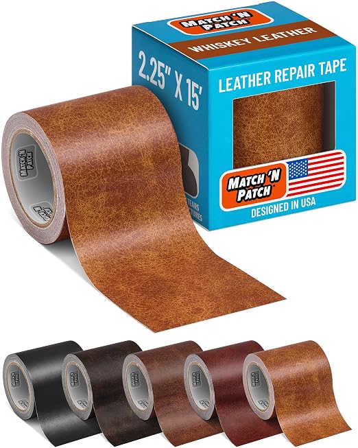 MATCH 'N PATCH Whiskey Leather Repair Tape, 2.25" x 15' for Furniture | Realistic Faux Leather Patches for Couch, Sofa, Upholstery, Car Seat & Other Furniture, Vinyl Repair Kit, Self Adhesive Patch