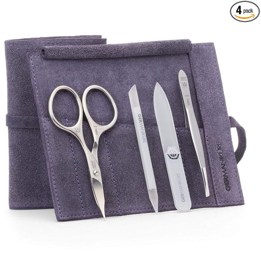 GERMANIKURE 4pc Mini Professional Manicure Set in Purple Suede Case - FINOX Stainless Steel Tools Made in Solingen Germany, Glass Nail Care Supplies Made in Czech Republic