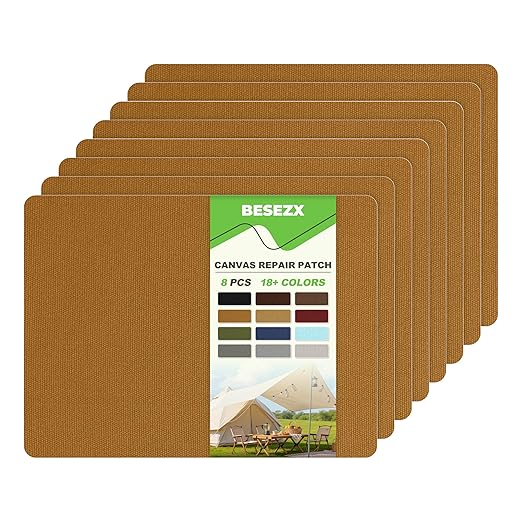 Besezx Canvas Repair Patch,Outdoor Gear Patch, 7.87x5.9 Inches 8PCS,Waterproof Self-Adhesive Fabric Repair Tape for Repairing Boat Covers,Sun Shades,Sofas,Tents,Lounge Chairs,Awnings (Light Brown)