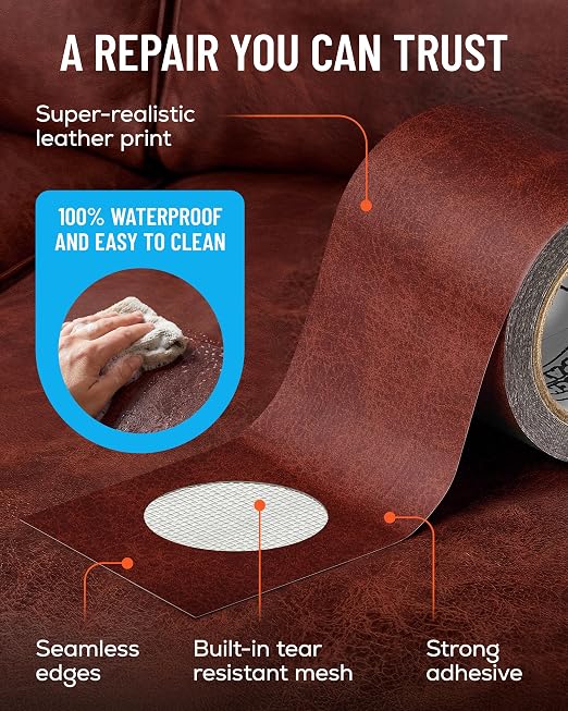 MATCH 'N PATCH Red Brown Leather Repair Tape, 2.25" x 15' for Furniture | Realistic Faux Leather Patches for Couch, Sofa, Upholstery, Car Seat & Other Furniture, Vinyl Repair Kit, Self Adhesive Patch