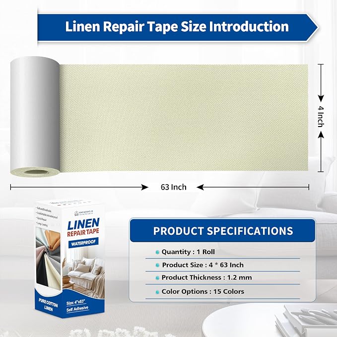 KING MOUNTAIN Linen Repair Patches, Self-Adhesive Fabric Patches, 4 X 63 inch Extra Size, Multi Color, Can be Used for Sofa Repair (Beige2.0)