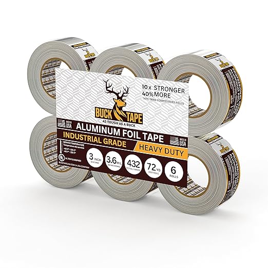 6 Pack Buck Aluminum Foil Tape – 3 Inch x 216ft (72 yd), 3.6 Mil – HVAC Tape for Ductwork, AC, Dryer Vents & Insulation – Silver Foil Tape for Metal Repair, Exhaust Sealing & Air Conditioning