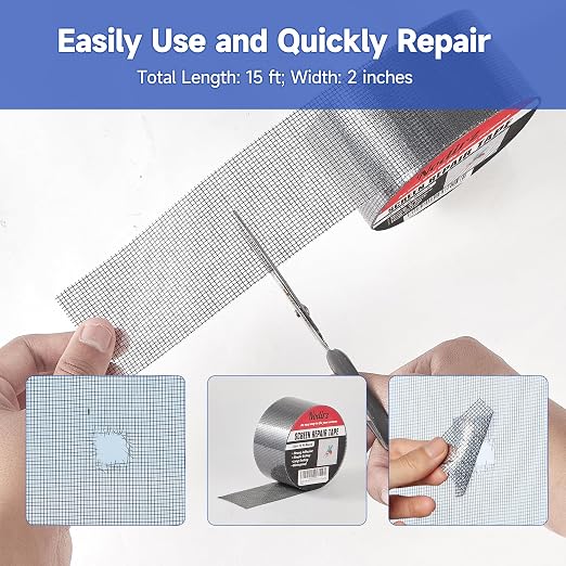 Window Screen Repair Tape, 2 in X 15 FT(180IN) Screen Rrepair Kit for Windows or Doors, Strong Adhesive Screen Patch Repair Kit Mesh Repair (Grey, 15 FT)