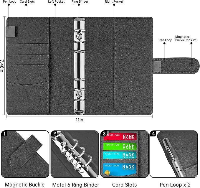 Antner A6 Notebook Binder Refillable 6 Ring Budget Binder Cover for A6 Refill Paper, PU Leather Budget Planner Organizer with Magnetic Buckle, Loose Leaf Personal Planner, Glitter Black
