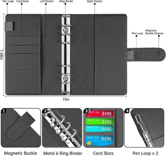 Antner A6 Notebook Binder Refillable 6 Ring Budget Binder Cover for A6 Refill Paper, PU Leather Budget Planner Organizer with Magnetic Buckle, Loose Leaf Personal Planner, Glitter Black