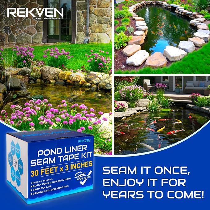 Pond Liner Seam Tape Kit - 30 Feet x 3 Inch - Double Sided Butyl Tape - Bond Seal or Repair EPDM PVC HDPE LDPE RPE LLDPE - Perfect for Small or Large Fish and Koi Ponds (Kit - Roller & Sponge)