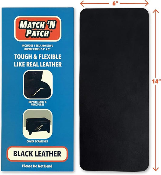 MATCH 'N PATCH Black Leather Repair Tape, 6" x 14" for Furniture | Realistic Faux Leather Patches for Couch, Sofa, Upholstery, Car Seat & Other Furniture, Vinyl Repair Kit, Self Adhesive Patch