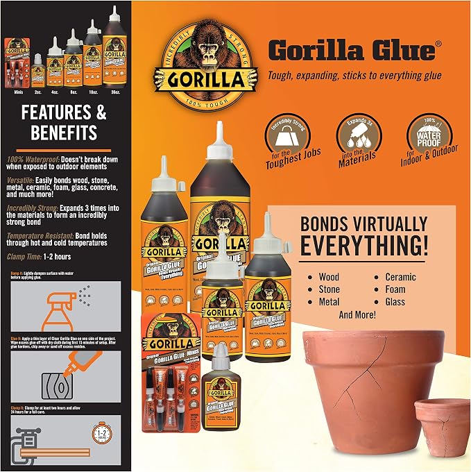Gorilla Original Gorilla Glue, Waterproof Polyurethane Glue, 2 Ounce Bottle, Brown, (Pack of 1)