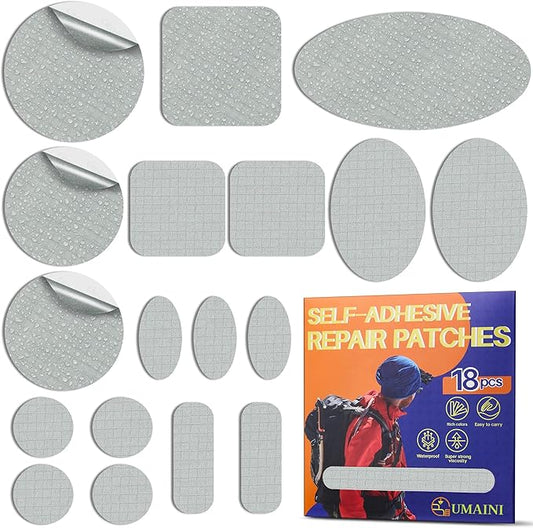Down Jacket Repair Patch Kit, Outdoor Gear Tenacious Repair Tape, Self Adhesive Fabric Patches for Clothes, Waterproof Ripstop Nylon Fabric Patch for Puffer Jacket, Coat, Tent (18 Pcs, Light Gray)