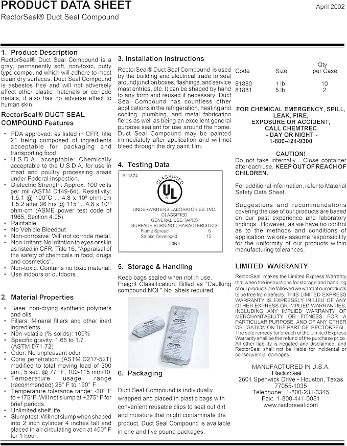 RectorSeal Duct Seal 81881 Duct Seal Compound, Easy Application, HVAC, 5 lb (Pack of 2)