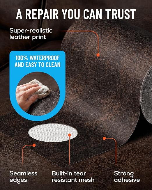MATCH 'N PATCH Dark Brown Leather Repair Tape, 4.50" x 30' for Furniture | Realistic Faux Leather Patches for Couch, Sofa, Upholstery, Car Seat & Other Furniture, Vinyl Repair Kit, Self Adhesive Patch