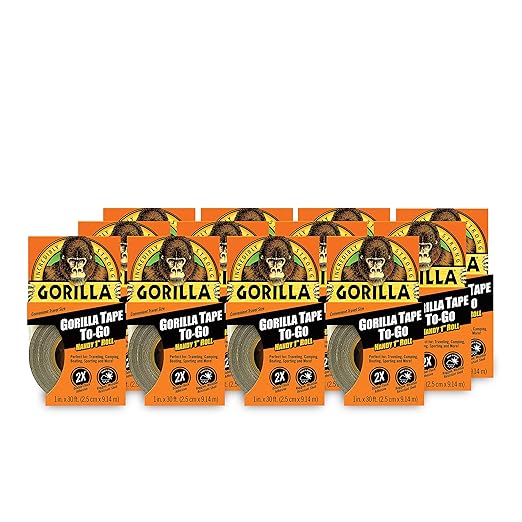 Gorilla Tape, Mini Duct Tape To-Go, 1" x 10 yd Travel Size, Black, (Pack of 12)