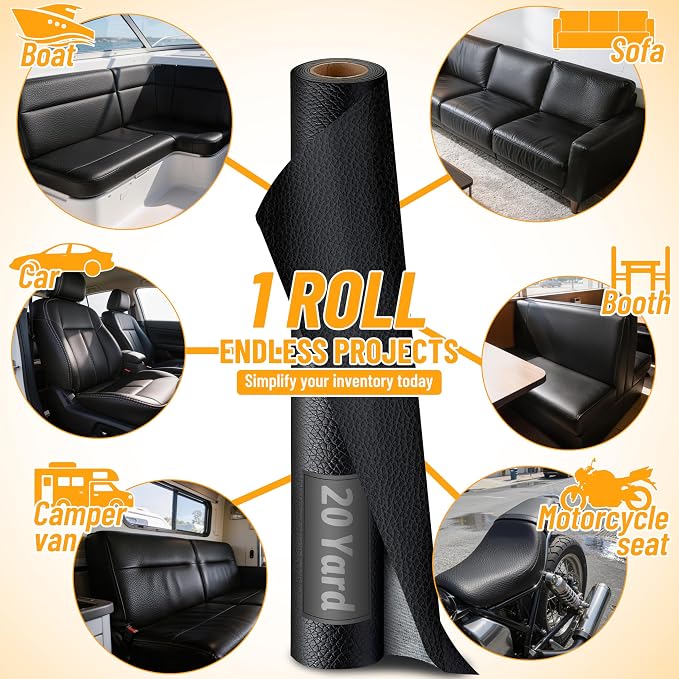 Meneng Marine Vinyl Faux Leather: 20-Yard Roll UV-Resistant PU Leather for Yacht Interiors - Heavy-Duty Black Vinyl by The Roll for Furniture Repair & Auto Interior Projects