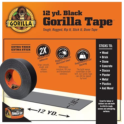 Gorilla Black Duct Tape, 1.88" x 12 yd, Black, (Bulk Pack of 24)