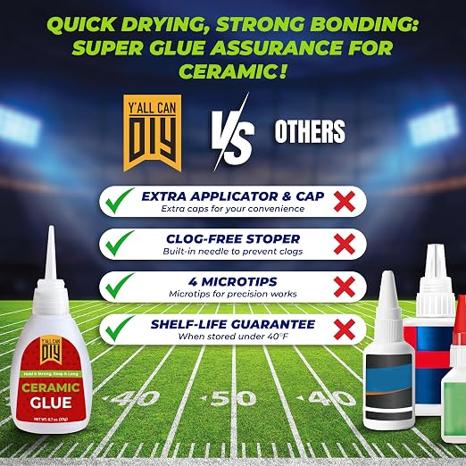 Y'allCanDiy Waterproof Super Glue for Ceramic 144 Pk x .7 Oz. (20g) - Ceramic Glue Repair for Pottery, No Smell After Cure. Best Cyanoacrylate Based Adhesive for China and Porcelain