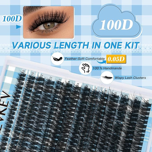 KEVKEV Lash Extension Kit 280pcs Volume Lash Clusters 100D Lash Clusters Kit 10-18mm Individual Lashes Kit With Lash Bond And Seal,Lash Tweezers Thick Lash Extension Kit DIY At Home(0.05D,100DD)