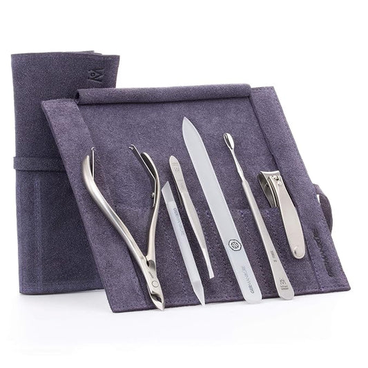GERMANIKURE 6pc Manicure Set in Purple Suede Case - FINOX Stainless Steel Tools Made in Germany, Glass Nail Care Supplies Made in Czech Republic – Professional Cuticle and Nail Care Kit