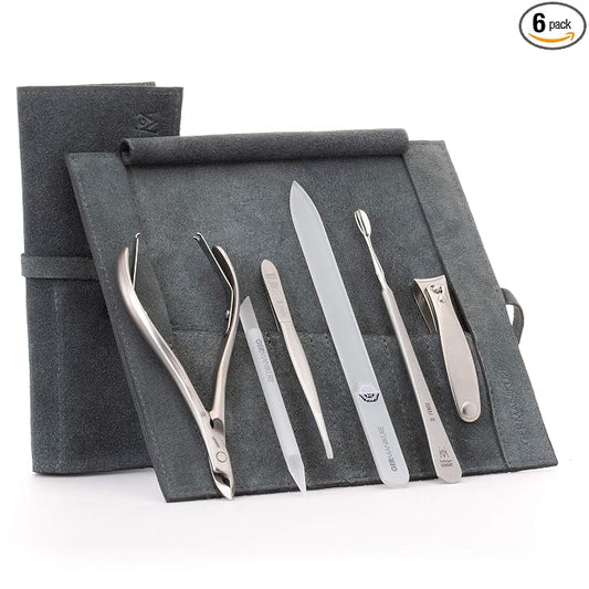 GERMANIKURE 6pc Manicure Set in Gray Suede Case - FINOX Stainless Steel Tools Made in Germany, Glass Nail Care Supplies Made in Czech Republic – Professional Cuticle and Nail Care Kit