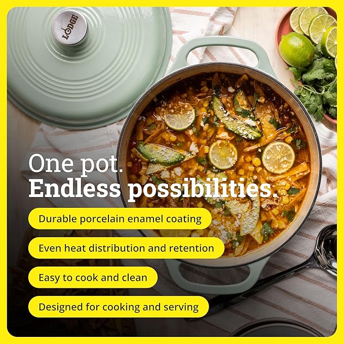 Lodge Essential Enamel Cast Iron Dutch Oven 6 Quarts - Perfect for Bread Baking, Braising, Marinating & Slow Cooking, Features Moisture-Sealing Lid & Dual Handles, Kitchen Essentials, Desert Sage