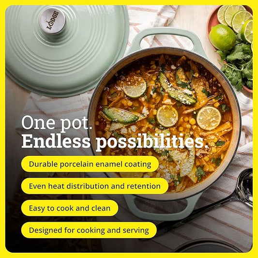 Lodge Essential Enamel Cast Iron Dutch Oven 6 Quarts - Perfect for Bread Baking, Braising, Marinating & Slow Cooking, Features Moisture-Sealing Lid & Dual Handles, Kitchen Essentials, Desert Sage
