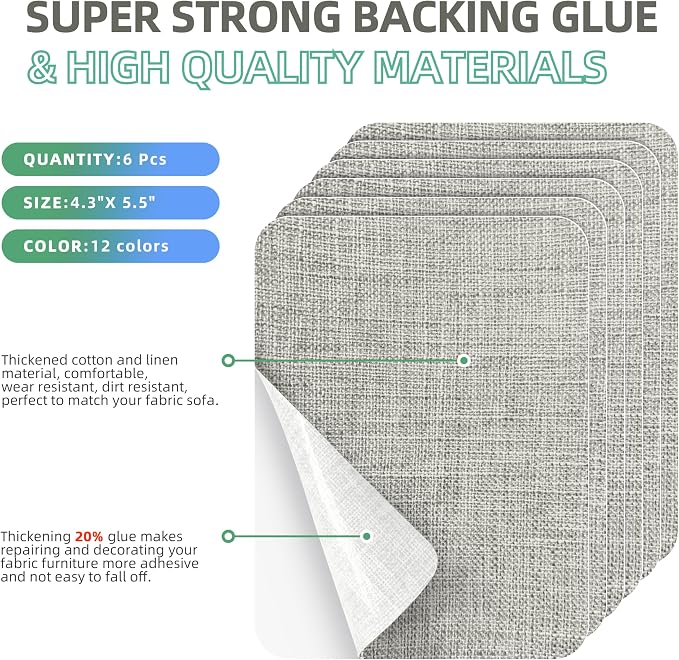 Azobur Coarse Linen Repair Patches, 6 Piece Self-Adhesive Linen Fabric Patches, Multi Color, Can be Used for Linen Sofa Repair and Linen Clothes Repair, Quick Fix Sofa.(Light Gray)