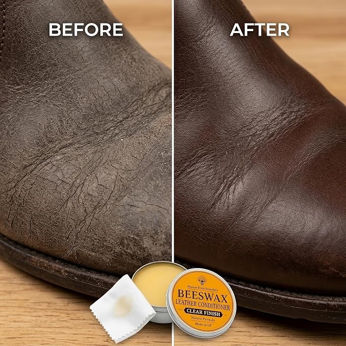 Premium Beeswax Leather Conditioner & Balm – Hand-Poured Natural Restorer for Boots, Bags, Jackets, Furniture, Car Seats & More – Cleans, Conditions & Protects – 1.0 Fl Oz