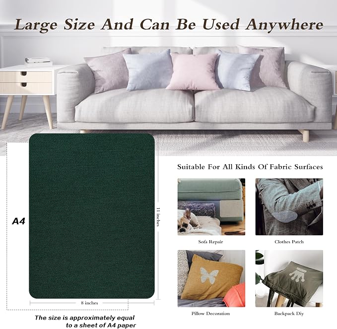 KING MOUNTAIN Coarse Linen Repair Patches, Self-Adhesive Linen Fabric Patches, 8X11 inch 2 PCS, Multi Color, Can be Used for Linen Sofa Repair (8" x 11"-2PCS,Dark Green)