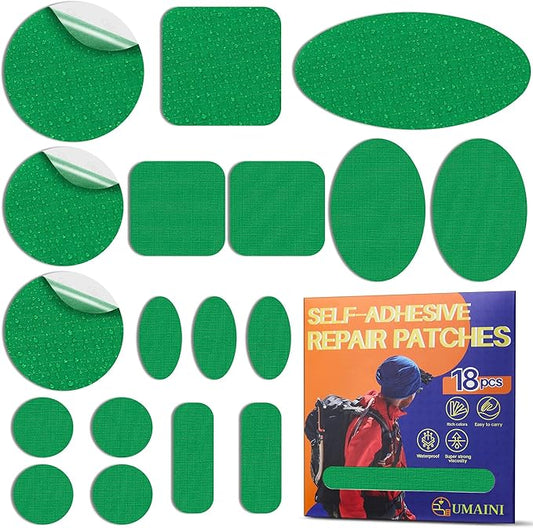 Down Jacket Repair Patch Kit, Outdoor Gear Tenacious Repair Tape, Self Adhesive Fabric Patches for Clothes, Waterproof Ripstop Nylon Fabric Patch for Puffer Jacket, Coat, Tent (18 Pcs, Dark Green)