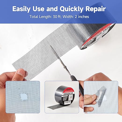 Window Screen Repair Tape, 2 in X 30 FT (360IN) Screen Repair Kit for Windows or Doors, Strong Adhesive Screen Patch Repair Kit Mesh Repair (Black, 30 FT)