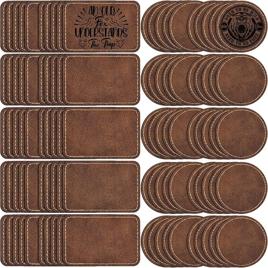 100 Pack Blank Leatherette Patches with Adhesive, Rustic Laser Engravable Faux Leather Patch for Hats Custom, Fabric Repair Sew, Engraving Materials, Gifts, DIY (Rectangle+Round)