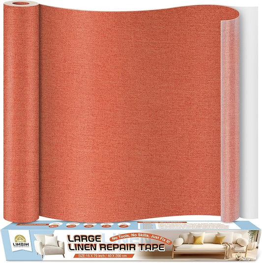 Linen Fabric Repair Tape 16x79 Inch, Self Adhesive Couch Patch Repair Fabric Tape for Furniture, Linen Patch Kit for Couch, Carpet, Upholstery, Chair, Sofa, Cushion, Bag (Brick Red)