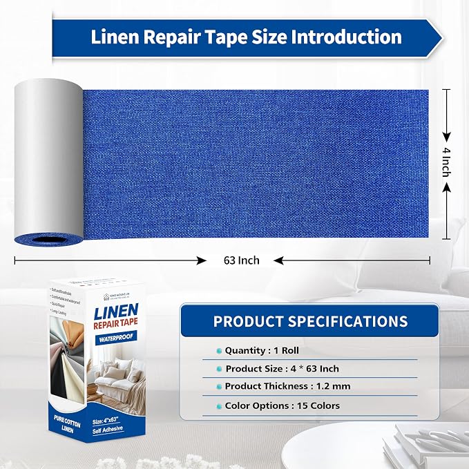 KING MOUNTAIN Linen Repair Patches, Self-Adhesive Fabric Patches, 4 X 63 inch Extra Size, Multi Color, Can be Used for Sofa Repair (Navy Blue)