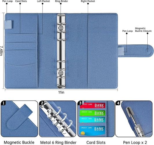 Antner A6 Notebook Binder Refillable 6 Ring Budget Binder Cover for A6 Refill Paper, PU Leather Budget Planner Organizer with Magnetic Buckle, Loose Leaf Personal Planner, Glitter Blue