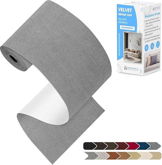 KING MOUNTAIN Couch Fabric Repair Patch, Fabric Patches for Furniture, 4" x 63" Waterproof Velvet Repair Tape for Sofas, Car Seats, Furniture, Upholstery Fabrics and Velvet Goods. （Charcoal Grey）