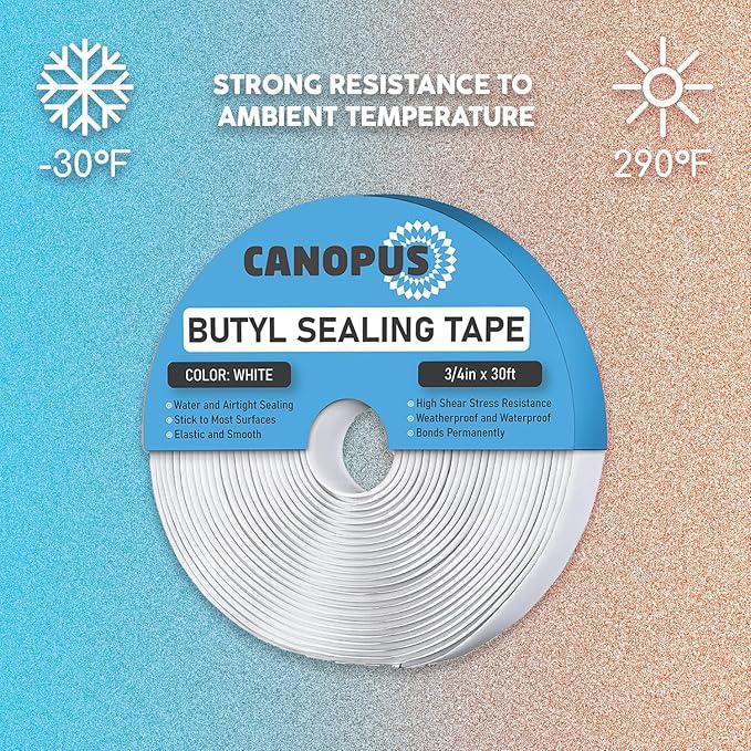 CANOPUS Butyl Seal Tape, White, 1/8-in x 3/4-in x 30-ft, Heavy Duty, Waterproof Sealant Putty Tape, Rubber Tape to Seal RV, Boat, Home Pipes and Car Windows Leaks