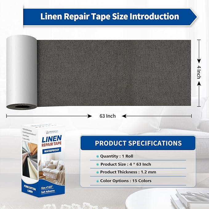 KING MOUNTAIN Linen Repair Patches, Self-Adhesive Fabric Patches, 4 X 63 inch Extra Size, Multi Color, Can be Used for Sofa Repair (Dark Grey)