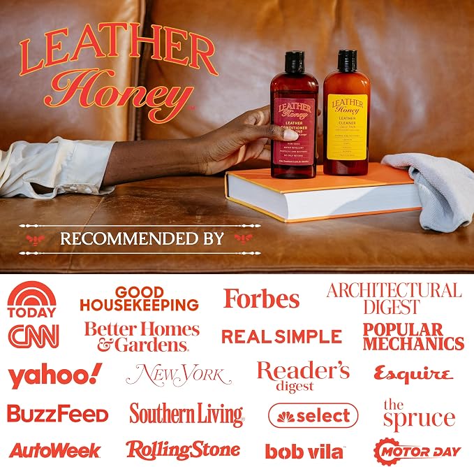 Leather Honey Leather Conditioner & Cleaning Kit for use on Leather Apparel, Furniture, Auto Interiors, Shoes, Bags and Accessories. Conditioner, Cleaner and 2 Lint-Free Cloths.