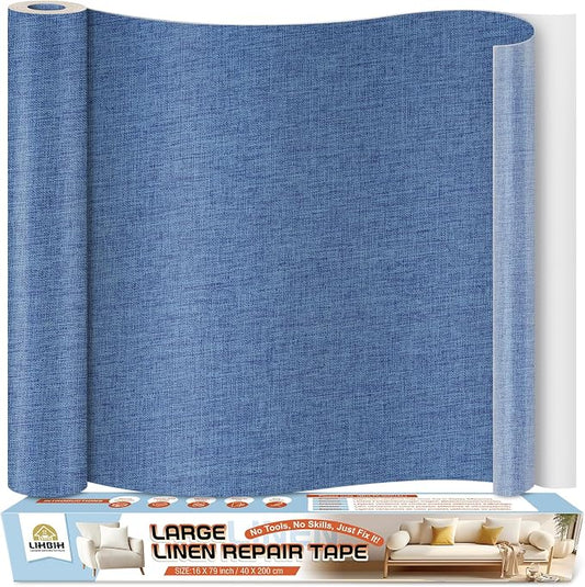 Linen Fabric Repair Tape 16x79 Inch, Self Adhesive Couch Patch Repair Fabric Tape for Furniture, Linen Patch Kit for Couch, Carpet, Upholstery, Chair, Sofa, Cushion, Bag (Blue)