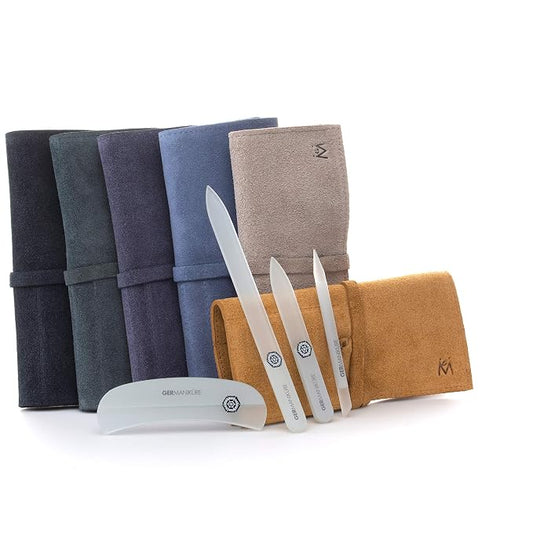 GERMANIKURE Gray Crystal Glass Nail File Set in Purple Suede Case – Handmade in Czech Republic – Professional Manicure & Pedicure Supplies – Glass Cuticle Stick, Pusher, Moon File